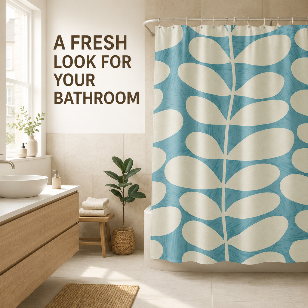 Modern Botanical Shower Curtain – Aqua Blue & Terracotta