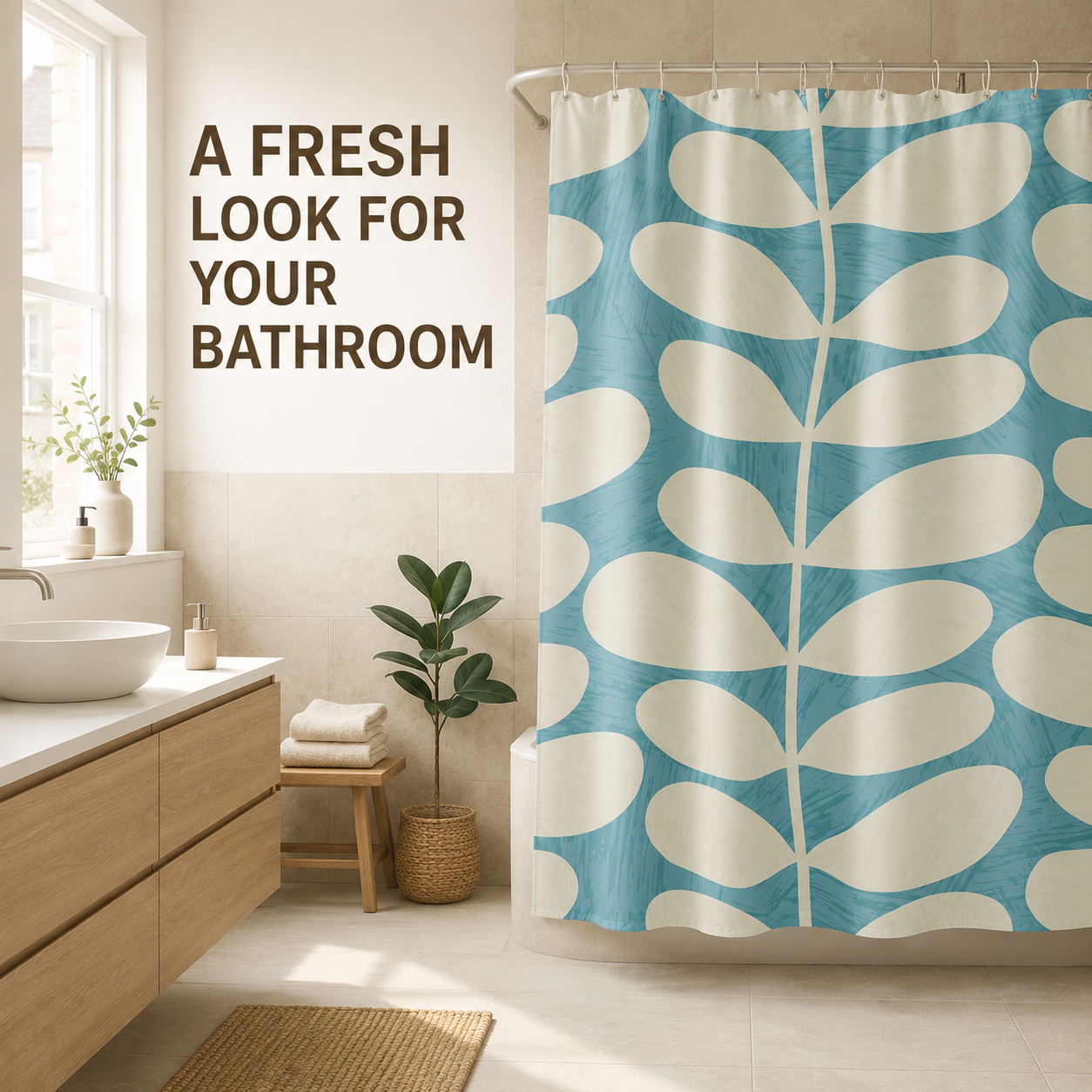 Modern Botanical Shower Curtain – Aqua Blue & Terracotta