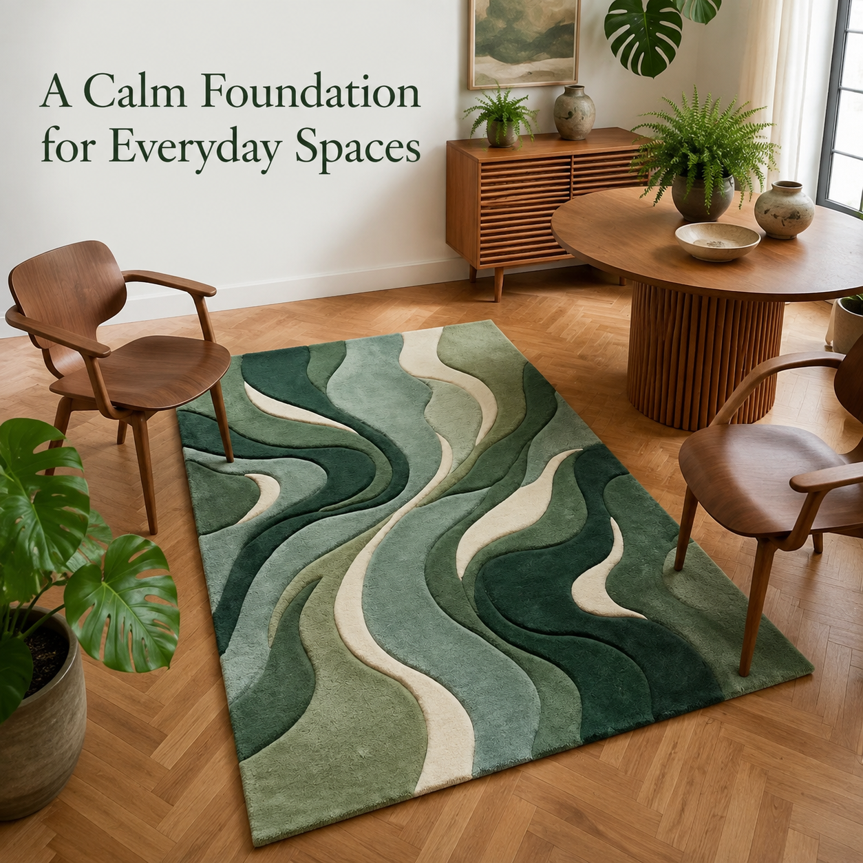 Modern Abstract Wave Area Rug – Green