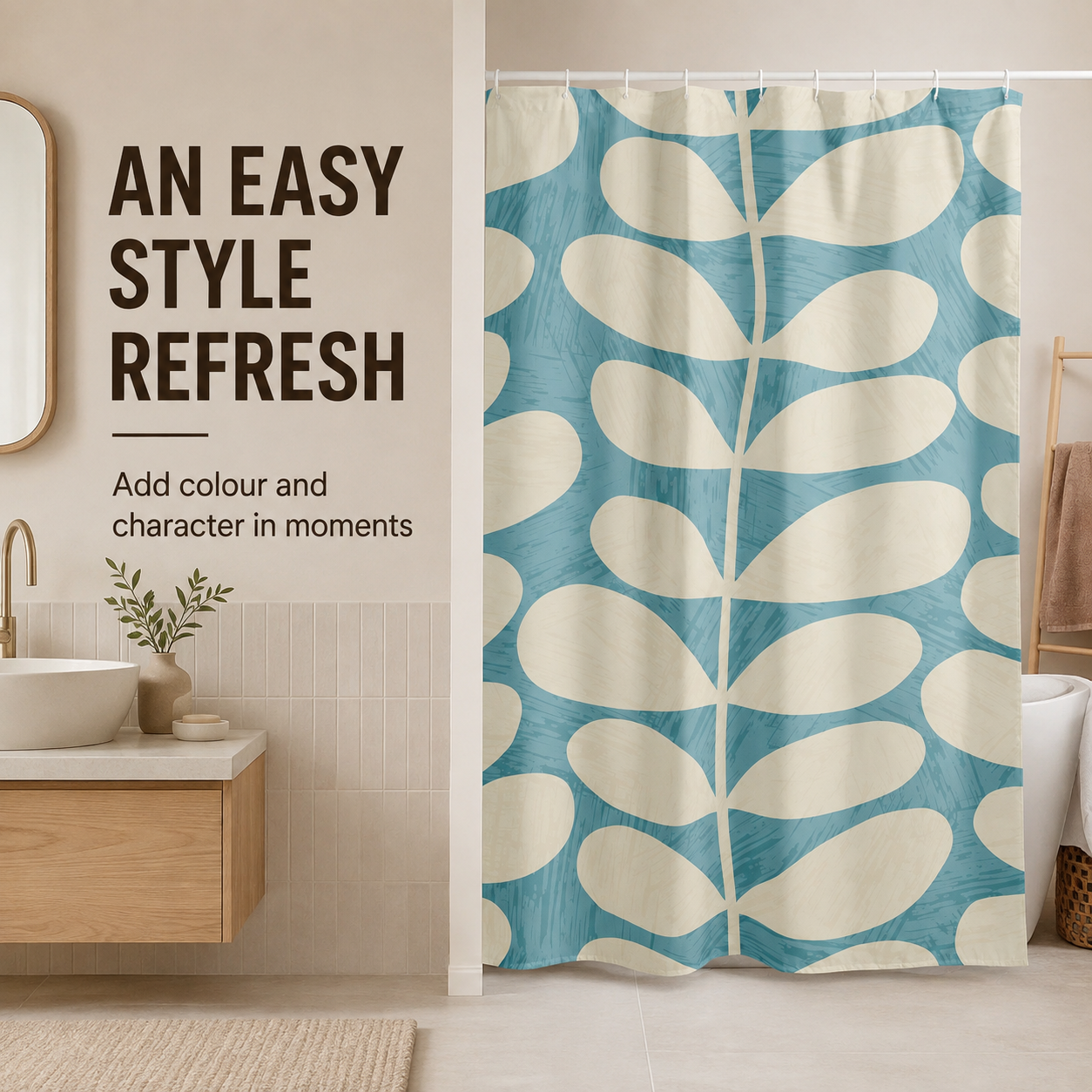 Modern Botanical Shower Curtain – Aqua Blue & Terracotta