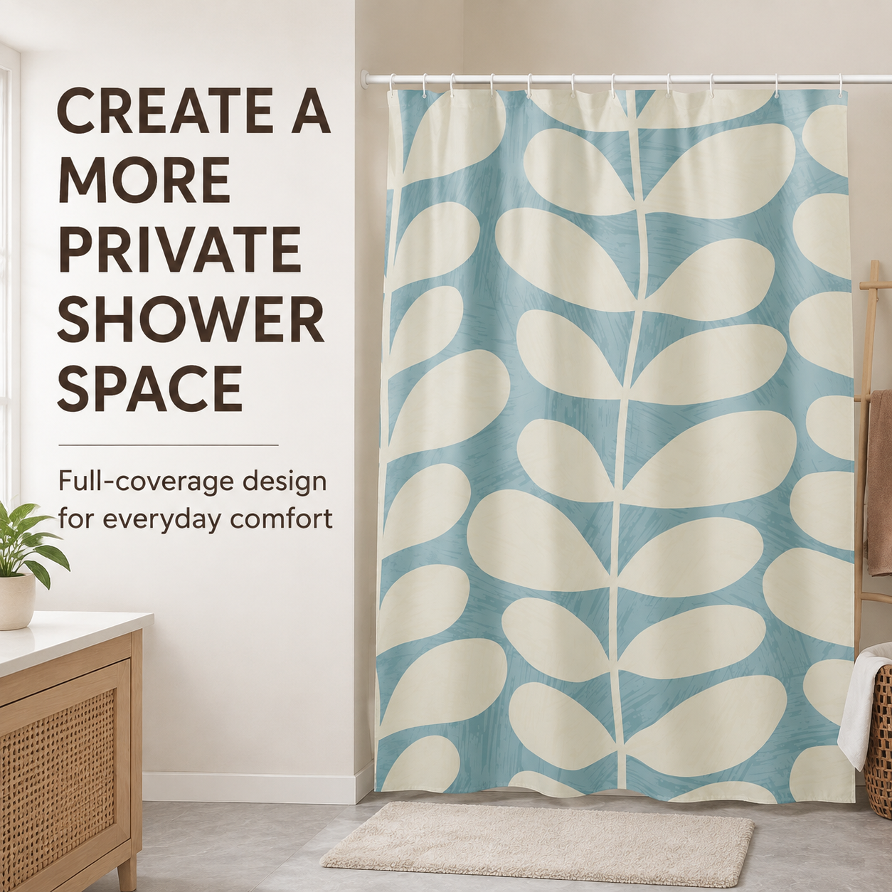 Modern Botanical Shower Curtain – Aqua Blue & Terracotta