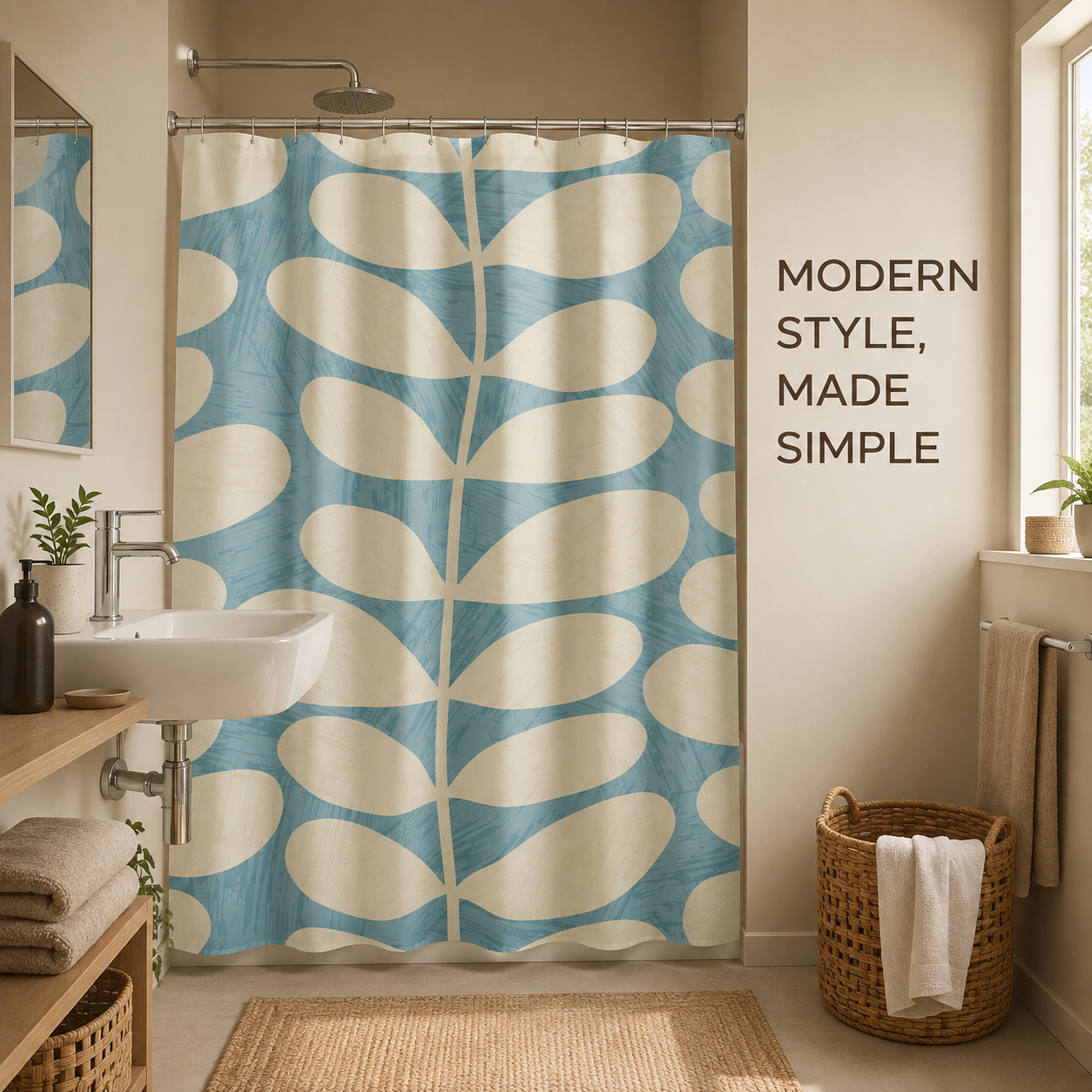 Modern Botanical Shower Curtain – Aqua Blue & Terracotta