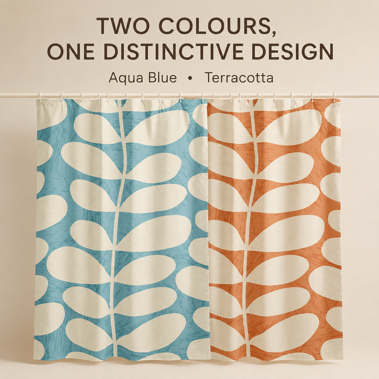 Modern Botanical Shower Curtain – Aqua Blue & Terracotta
